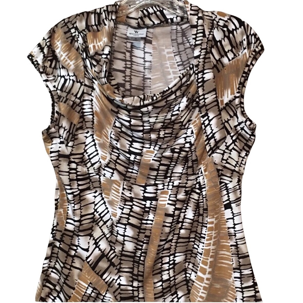 WORTHINGTON STRETCH DRAPE NECK TOP CAP SLEEVES GEOMETRIC PRINT SZ. MED. …